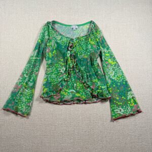 women’s mesh babydoll green top blouse long sleeve flowy M flare love fire